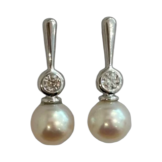 9ct White Gold Diamond and Pearl Drop Earrings