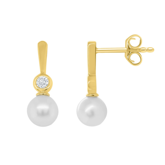 9ct Yellow Gold Diamond and Pearl Drop Earrings