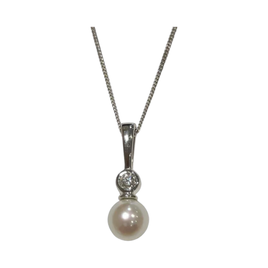 9ct White Gold Diamond and Pearl Pendant